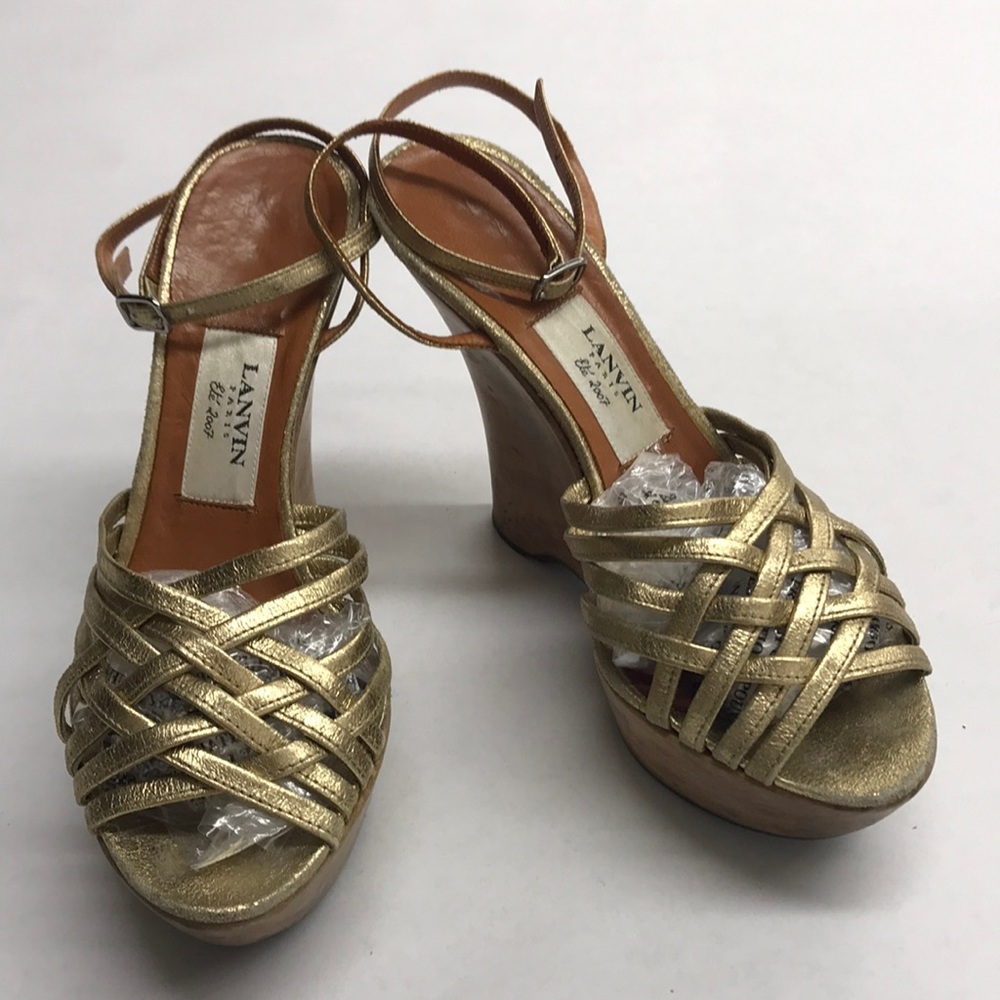 LANVIN Paris Ete’ 2007, Gold Leather Braided Accents Sandals, Size 6 1/2.